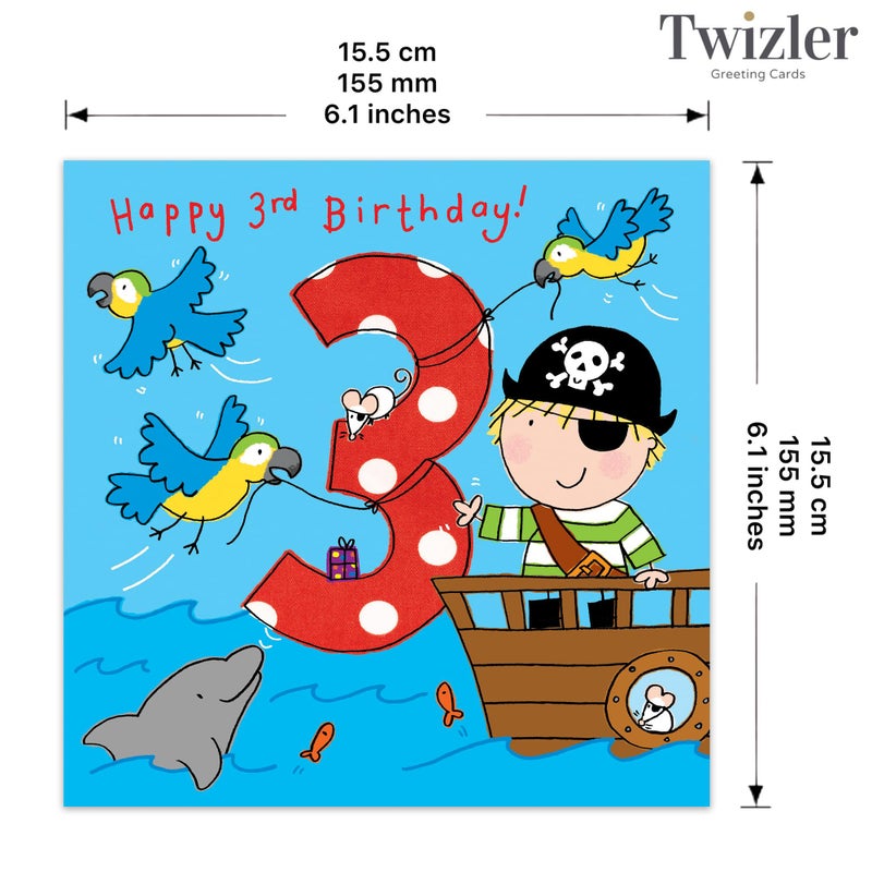 Twizler 3rd Birthday Card Boy Pirate - Age 3 Birthday Card - Boys Birthday Card Age 3 - Happy Birthday Card 3 Year Old Boy - Childrens Happy Birthday Cards Boy - Card Age 3 Boy - Image 3